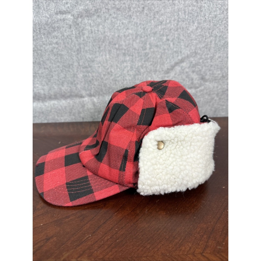 Red Plaid Trapper Hat Cap with Cinch Back Faux Shearling